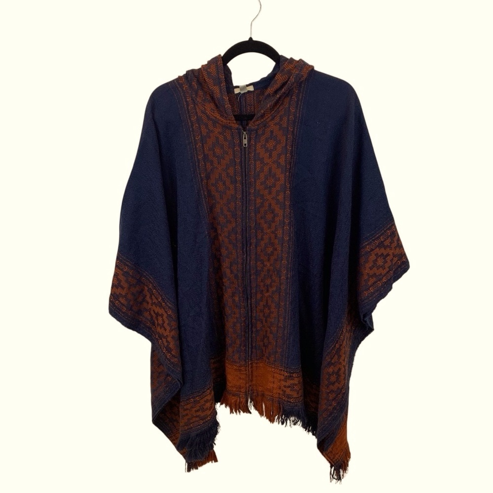 Ecote Urban Outfitters Poncho Navy Blue Red Southwestern Aztec Front Zip Hooded